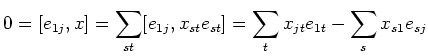 $\displaystyle 0=[e_{1 j}, x]= \sum_{s t} [e_{1 j}, x_{s t} e_{s t}] = \sum_{t } x_{j t} e_{1 t} -\sum_s x_{s 1} e_{s j}$