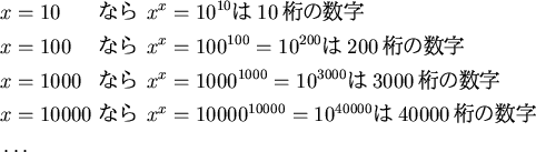 \begin{alignat*}{3}
& x=10 &\text{ ʤ } &
x^x=10^{10} \text{10ο} \\
...
... &
x^x=10000^{10000}=10^{40000} \text{40000ο} \\
&\dots
\end{alignat*}