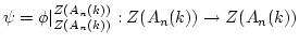 $ \psi= \phi\vert _{Z(A_n(k))}^{Z(A_n(k))}:Z(A_n(k)) \to Z(A_n(k)) $