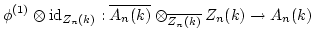 $\displaystyle \phi^{(1)}\otimes \operatorname{id}_{Z_n(k)}:
\overline{A_n(k)}\otimes_{\overline{Z_n(k)}}Z_n(k) \to A_n(k)
$