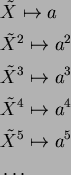 \begin{align*}&\tilde{X} \mapsto a\\
&\tilde{X}^2 \mapsto a^2\\
&\tilde{X}^3 \...
...3\\
&\tilde{X}^4 \mapsto a^4\\
&\tilde{X}^5 \mapsto a^5\\
&\dots
\end{align*}