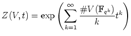 % latex2html id marker 822
$\displaystyle Z(V,t)=
\exp
\left (
\sum_{k=1}^\infty \frac{\char93  V({\mathbb{F}}_{q^k})}{k}t^k
\right)
$