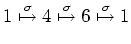 $\displaystyle 1\overset{\sigma}{\mapsto} 4\overset{\sigma}{\mapsto} 6 \overset{\sigma}{\mapsto} 1$