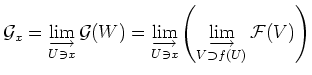 $\displaystyle \mathcal G_x =
\varinjlim_{U \ni x} \mathcal G(W)
=
\varinjlim_{U \ni x}
\left(
\varinjlim_{V\supset f(U)}\mathcal F(V)
\right)
$