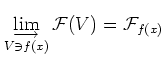 $\displaystyle \varinjlim_{V \ni f(x)}\mathcal F(V)=\mathcal F_{f(x)}
$