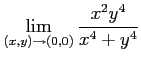 $\displaystyle \lim_{(x,y)\to (0,0)}
\frac{x^2y^4}{x^4+y^4}
$