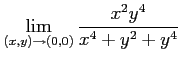 $\displaystyle \lim_{(x,y)\to (0,0)}
\frac{x^2y^4}{x^4+y^2+y^4}
$