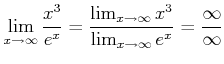 $\displaystyle \lim_{x\to \infty} \frac{x^3}{e^x}
=\frac{\lim_{x\to\infty} x^3}{ \lim_{x\to \infty} e^x}=\frac{\infty}{\infty}
$