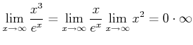 $\displaystyle \lim_{x\to \infty} \frac{x^3}{e^x}
=\lim_{x\to \infty} \frac{x}{e^x}\lim_{x\to \infty}x^2
=0 \cdot \infty
$
