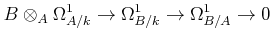 $\displaystyle B\otimes_A \Omega^1_{A/k} \to \Omega^1_{B/k}\to \Omega^1_{B/A} \to 0
$