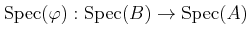 $\displaystyle \operatorname{Spec}(\varphi): \operatorname{Spec}(B)\to \operatorname{Spec}(A)
$