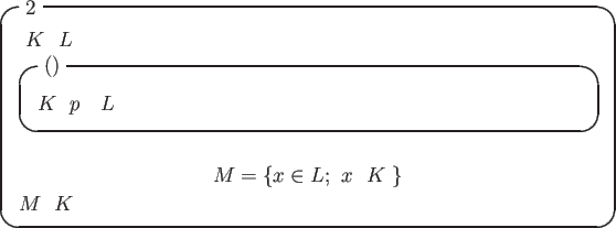 \begin{itembox}[l]{主張2}
体 $K$ とその拡大体 $L$ が、次の性質...
...ath}とおけば、$M$ は $K$ を含む代数閉体である。
\end{itembox}