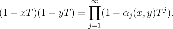 $\displaystyle (1-x T)(1-y T)=\prod_{j=1}^\infty (1-\alpha_j(x,y) T^j).
$