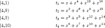 \begin{align*}&t_1=x+x^4+x^{13}+x^{16}\tag{4,1}\\
&t_2=x^2+x^8+x^{9}+x^{15}\tag...
...^5+x^{12}+x^{14}\tag{4,3}\\
&t_4=x^6+x^{7}+x^{10}+x^{11}\tag{4,10}
\end{align*}